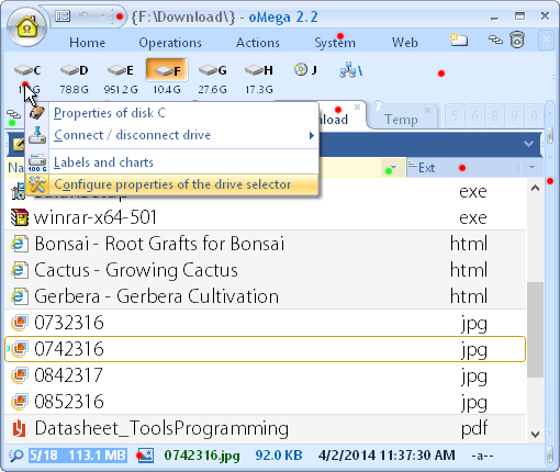 oMega Commander Features. Opening features with the context menu or simple click on various parts of interface.